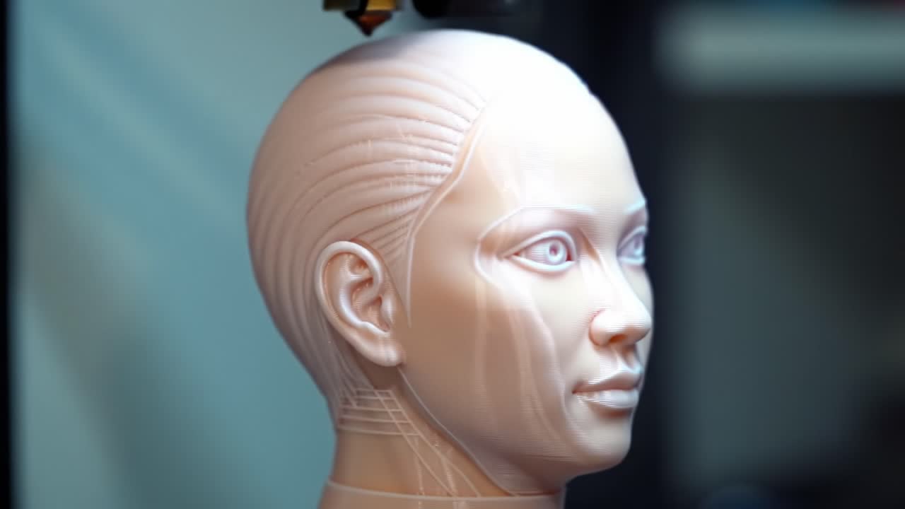 An Advanced Robotic Head Model Undergoing Precision Manufacturing with Cutting-Edge 3D Printing Technology Showcasing Intricate Details and Human-like Features