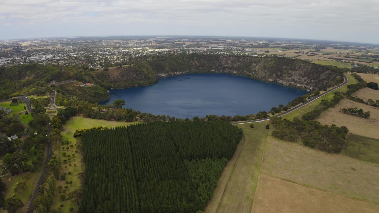 Aerial drone view of the blue lake Warwar, Mount Gambier, South Australia