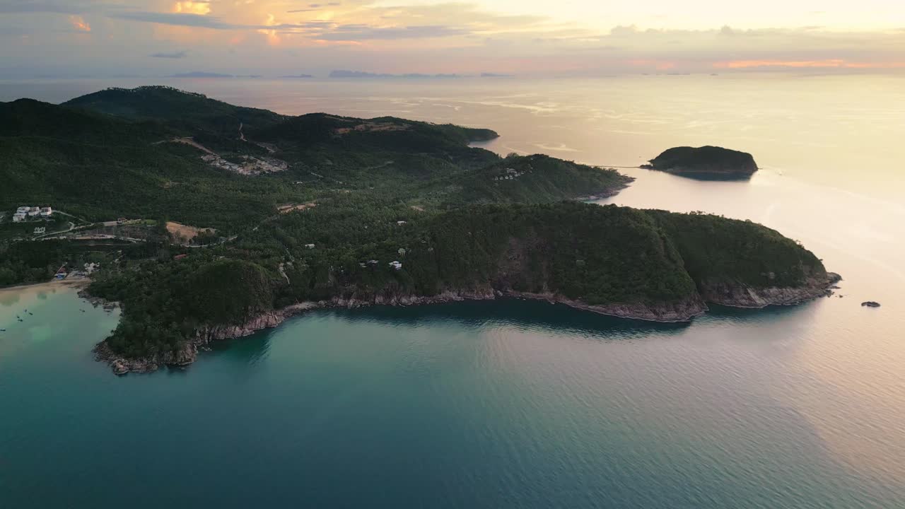 Aerial of Koh Nang Yuan islet at sunset beach in the island of Koh Phangan Thailand holiday destination