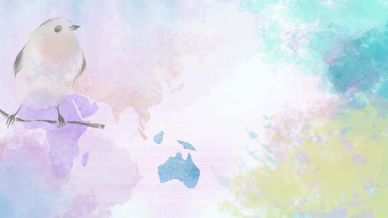 세계 지도 위 의 나 ⁇ 가지 에 앉아 있는 새 의 애니메이션