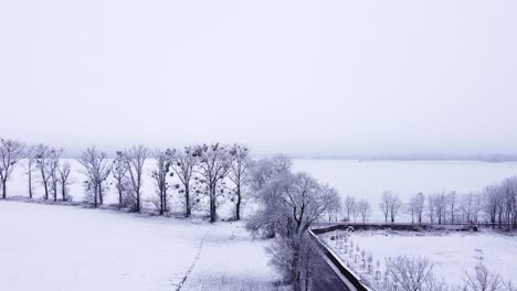 Von-Bäumen-Gesäumte-Landstraßen,-Die-Durch-Schneebedecktes-Ackerland-Führen