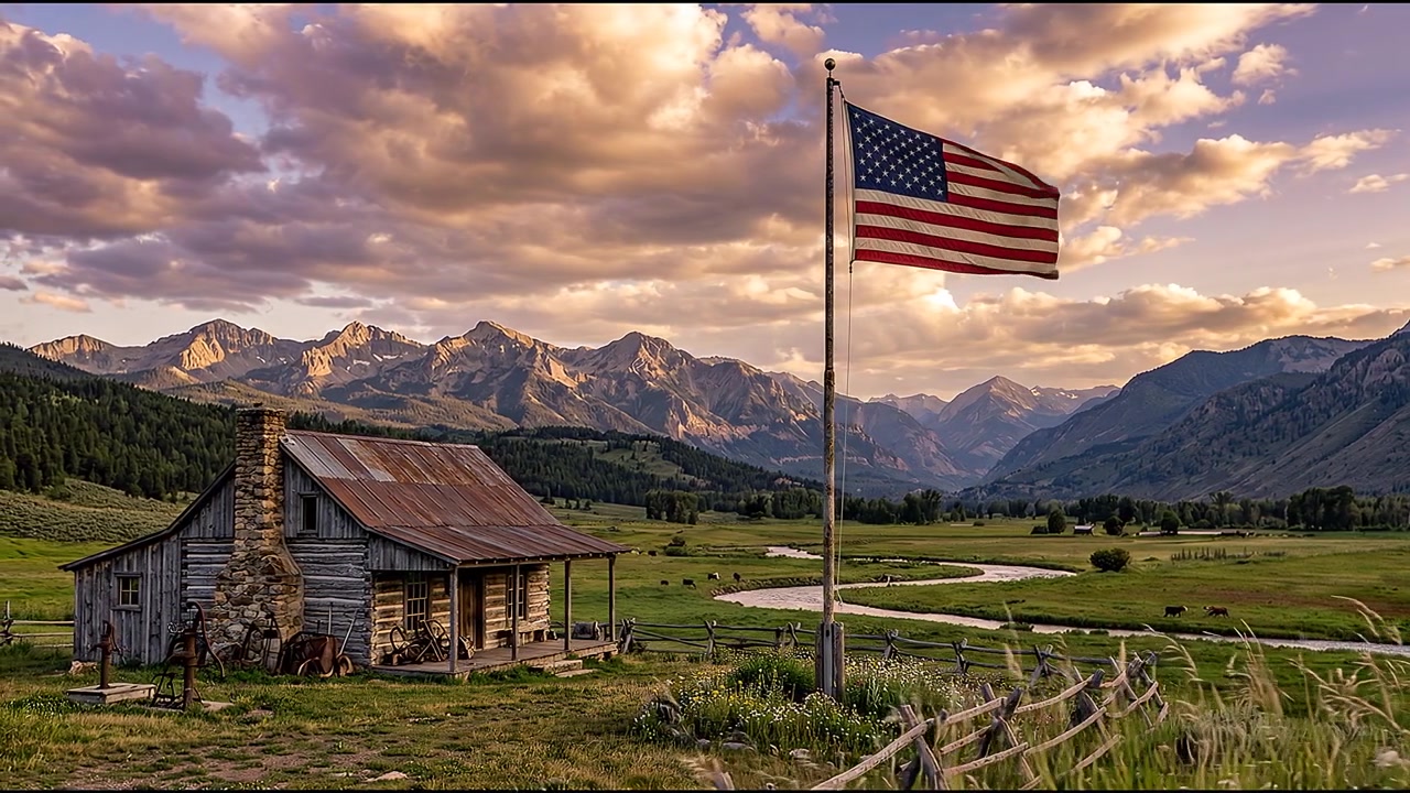 Wapperende Amerikaanse vlag naast een rustieke hut en bergdal landschap tijdens een dramatische zonsondergang