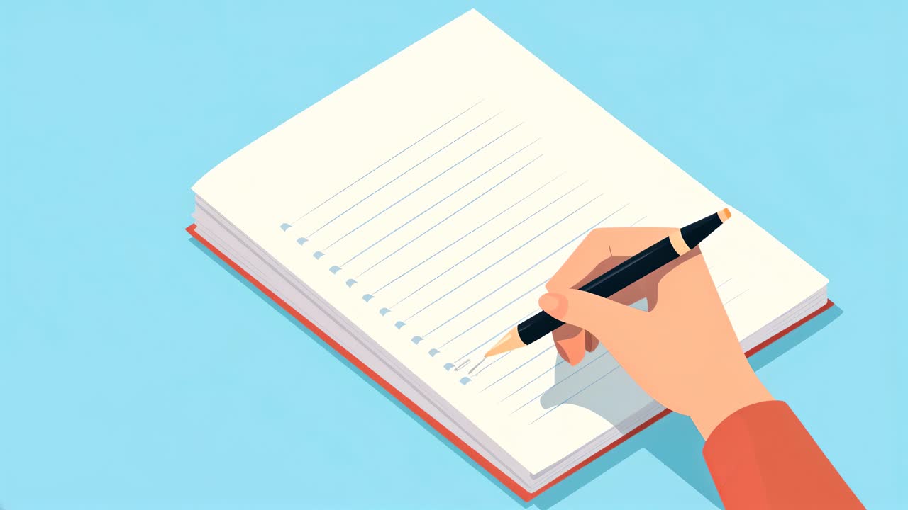 Illustrazione di una mano che scrive su un quaderno da un angolo zenitale. Lo stile è pulito e minimal.