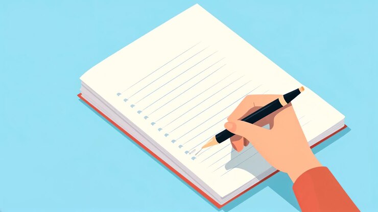 Illustration of a hand writing in a notebook from a top-down angle. The style is clean and minimal