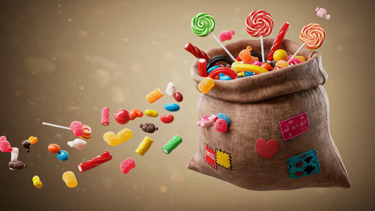 A Colorful Assortment of Candies Overflowing from a Festive Bag, Showcasing Lollipops, Gummies, and Various Treats in a Playful Display of Sweets