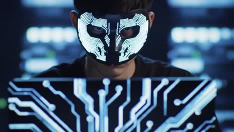 a mysterious hacker with a futuristic mask engaged in cyber activities in a dark tech environment, surrounded by circuit patterns and screens