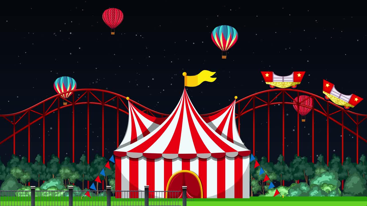 Colorful carnival animation with fireworks and balloons.