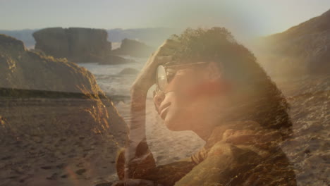 animación de una mujer afroamericana con gafas de sol sobre un paisaje soleado