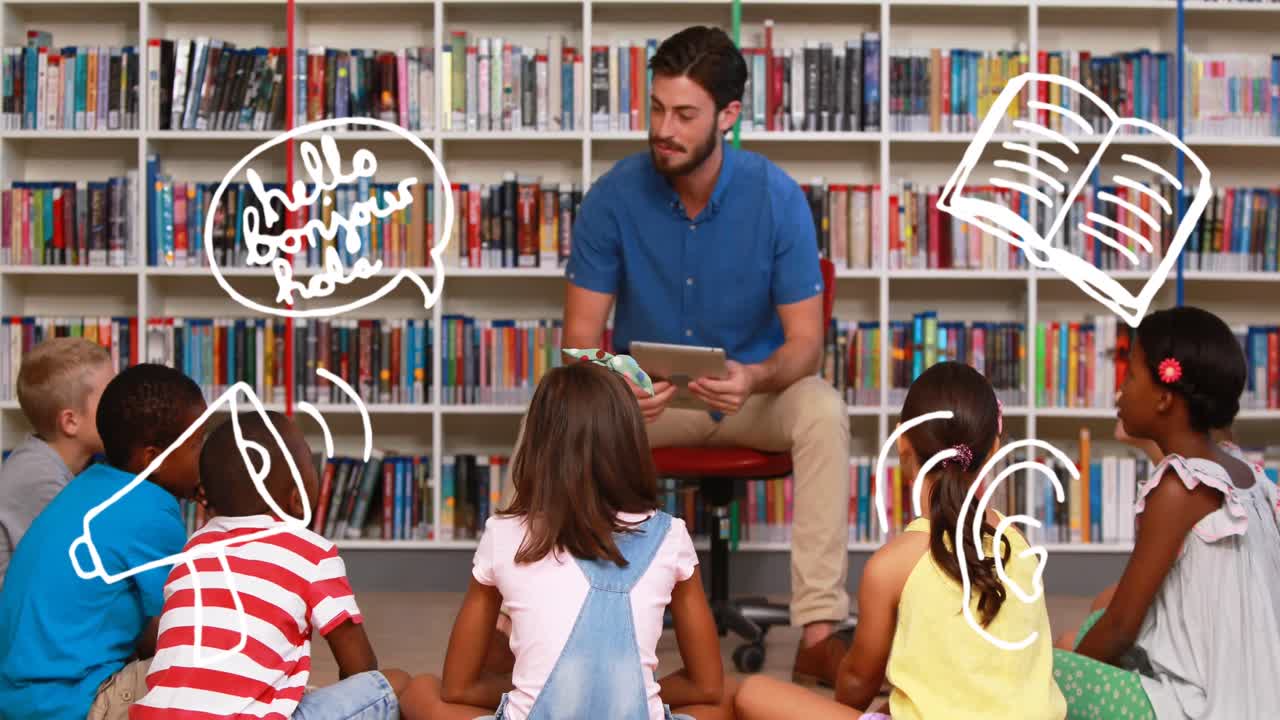 animación de iconos escolares sobre un maestro caucásico sonriente con diversos escolares en la biblioteca
