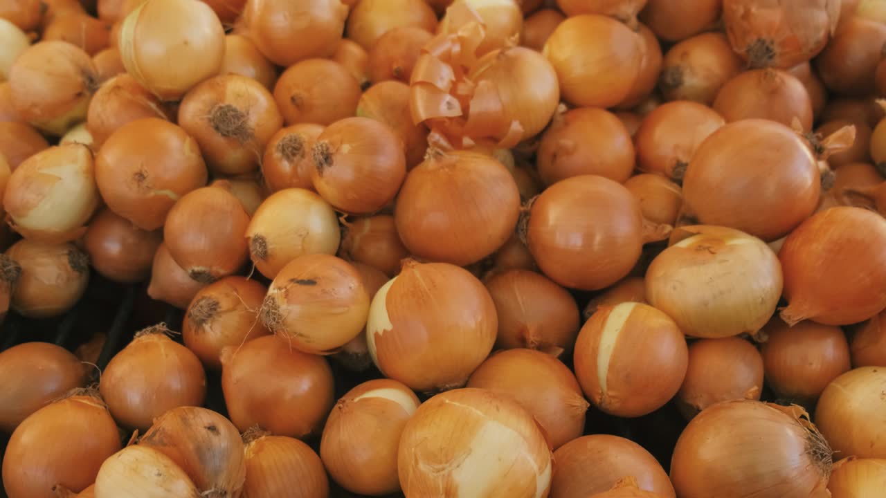 cebolla seca en el estante de la tienda del mercado