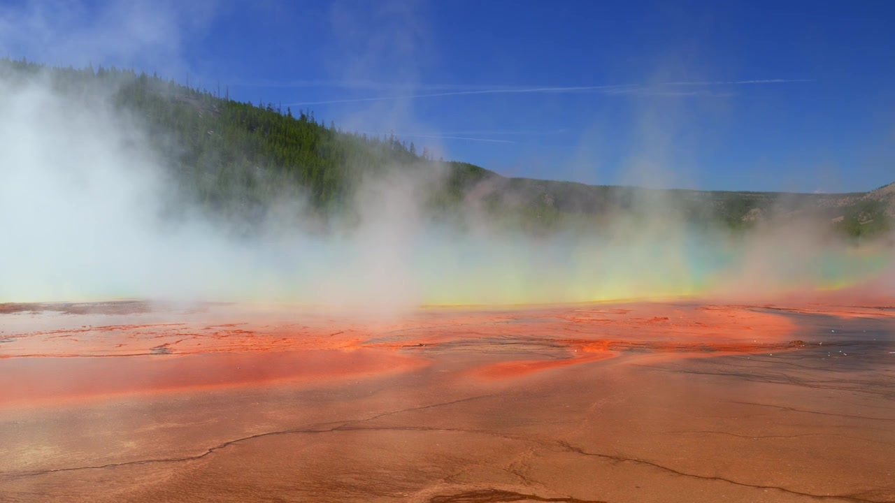 Grand Prismatic Spring, levende farverig orange varme kilder pool, Midway Boardwalk sti, Mid Geyser Basin, Wyoming, USA, Yellowstone National Park naturlandskab, Opal Pool, solrig morgen, blå himmel panorama.