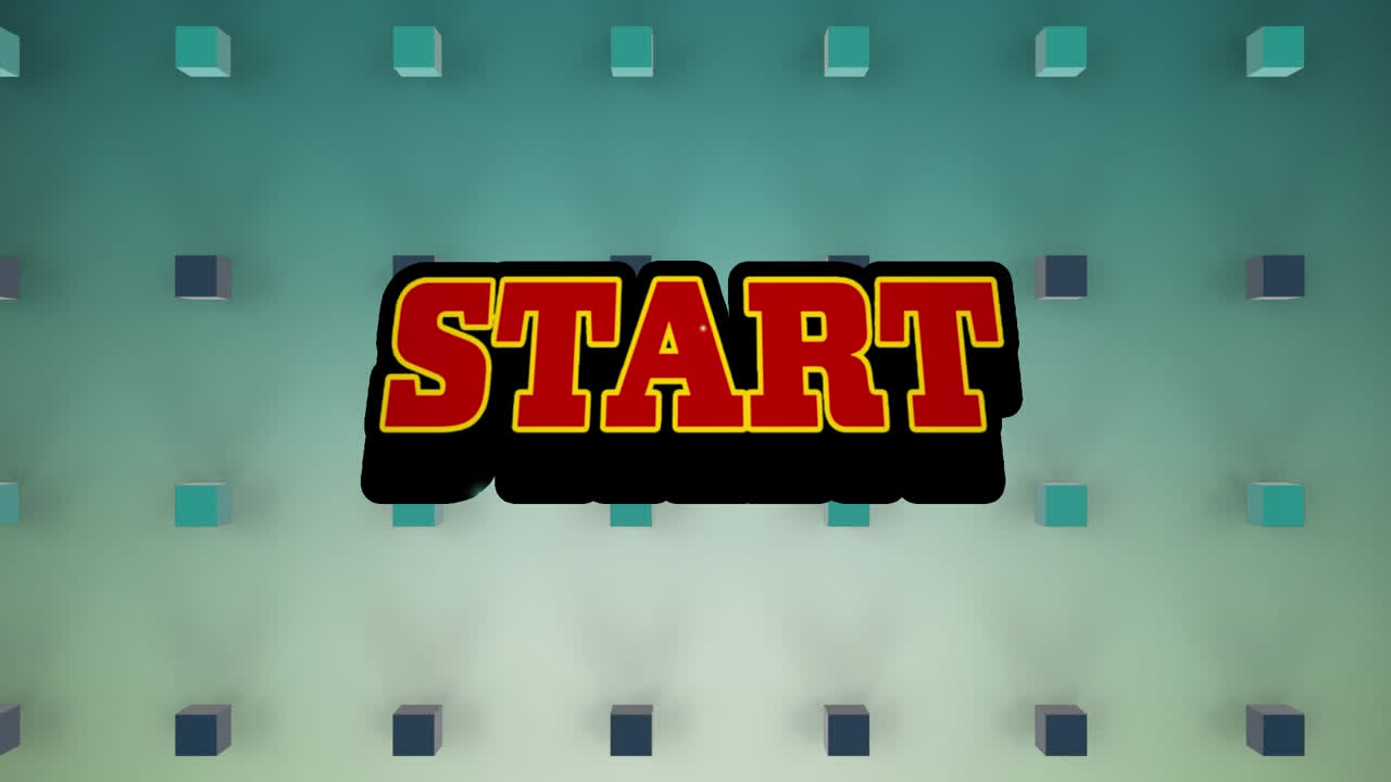 animación del texto de inicio sobre una burbuja de habla retro contra formas cuadradas 3d en fondo azul