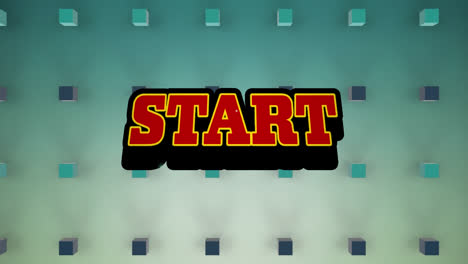 animación del texto de inicio sobre una burbuja de habla retro contra formas cuadradas 3d en fondo azul