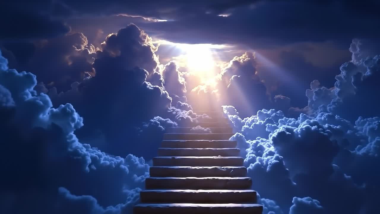 A stairway leading up to the top of a cloud filled sky