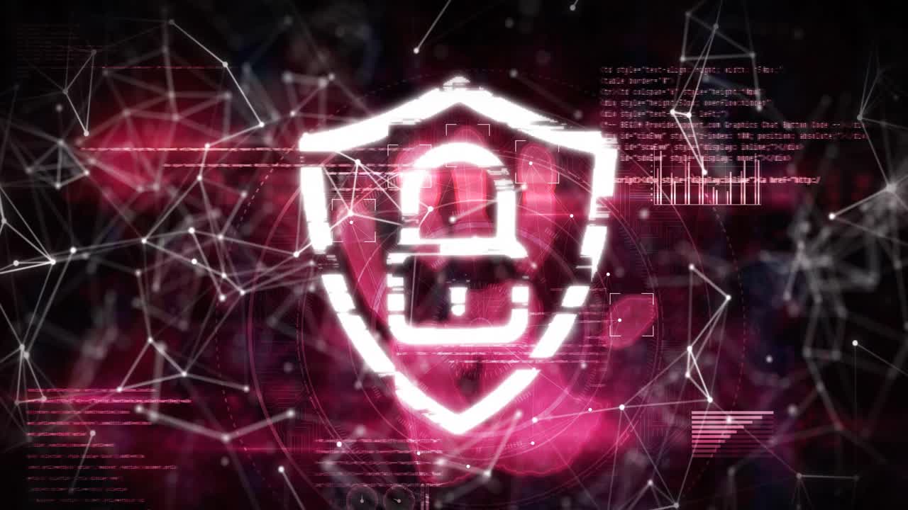 Digital animation of security padlock icon against network of connections on pink background