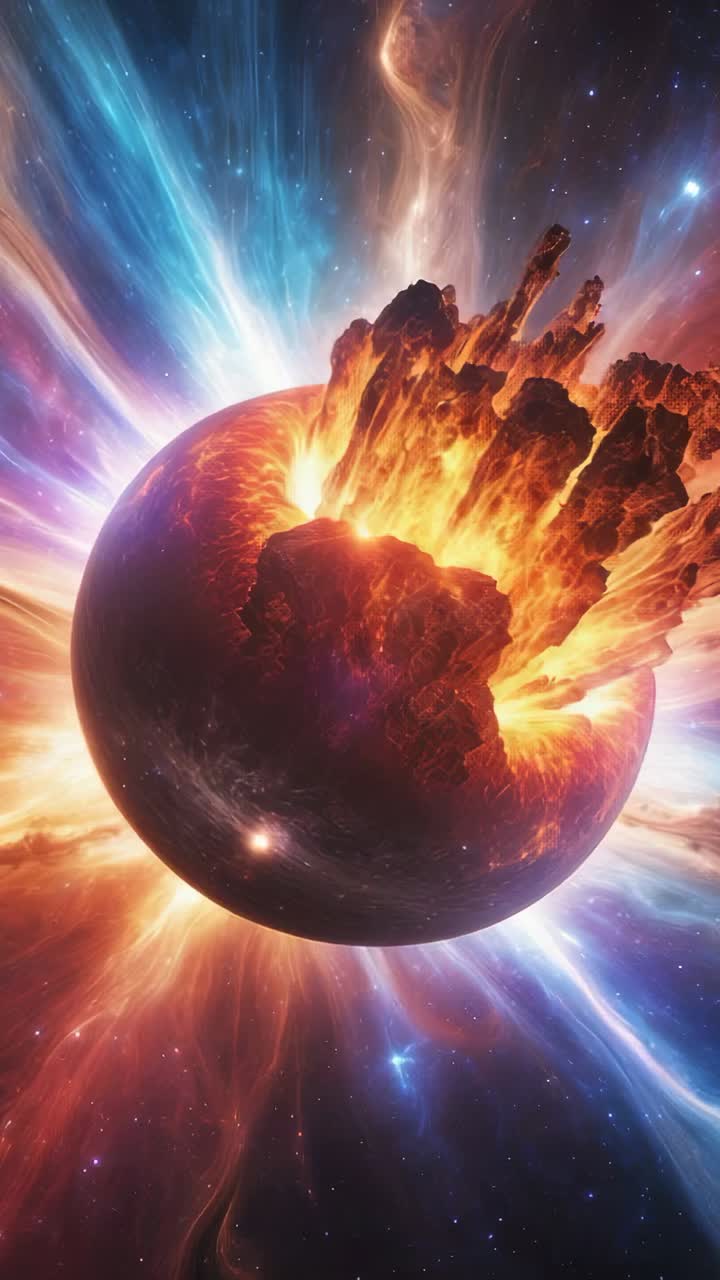 Vertical video: Erupting planet casting lava plumes and ionized gas in space after crust fracturing