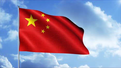 agitando la bandera china contra un cielo azul con nubes