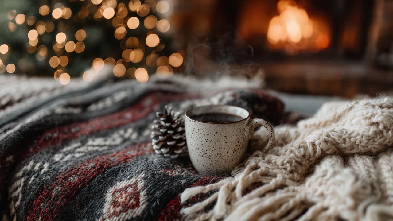 A Cozy Winter Evening: A Warm Cup of Coffee Resting on a Soft Blanket by the Fireplace Surrounded by Twinkling Holiday Lights
