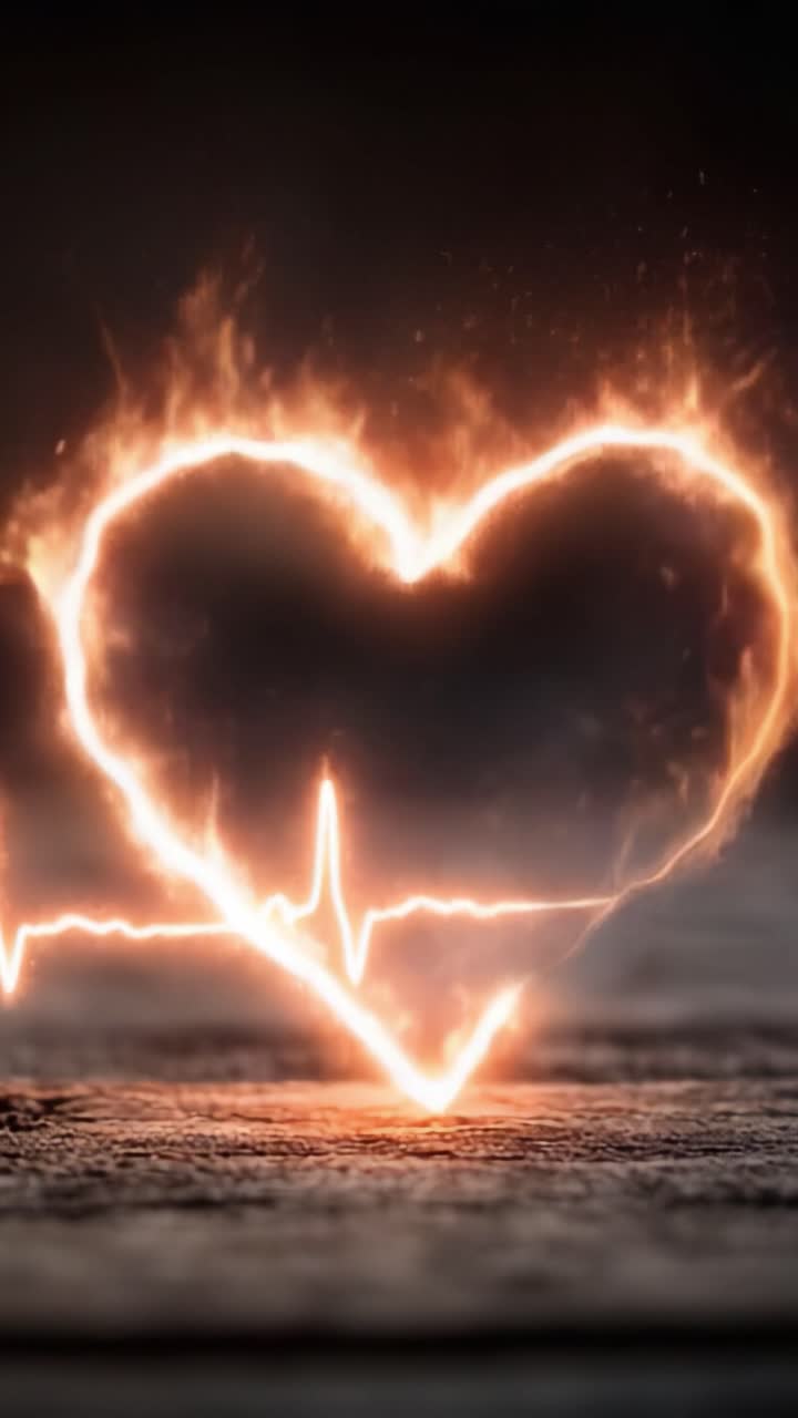Un Avvincente Viaggio Visivo di un Battito Cardiaco Ardente: Esplorare Amore ed Emozione Illustrati Attraverso Fiamme e Pulsazioni in una Sequenza Video Mozzafiato