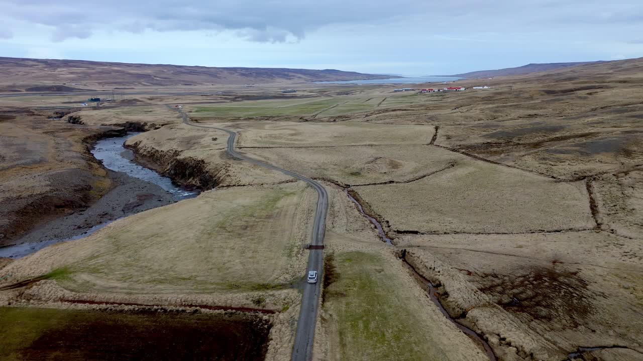 drone fly above off road car driving adventure road trip in Iceland
