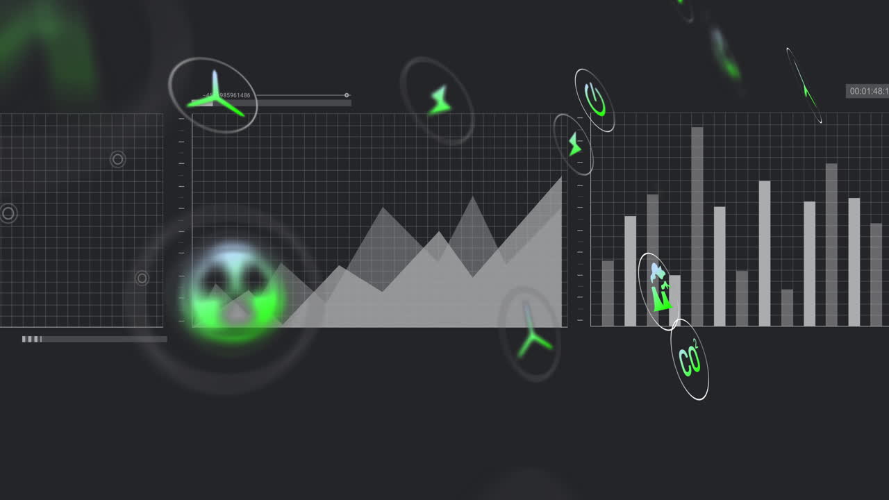 Line graph panel moving under floating green energy icons across dark tech dashboard in flat design