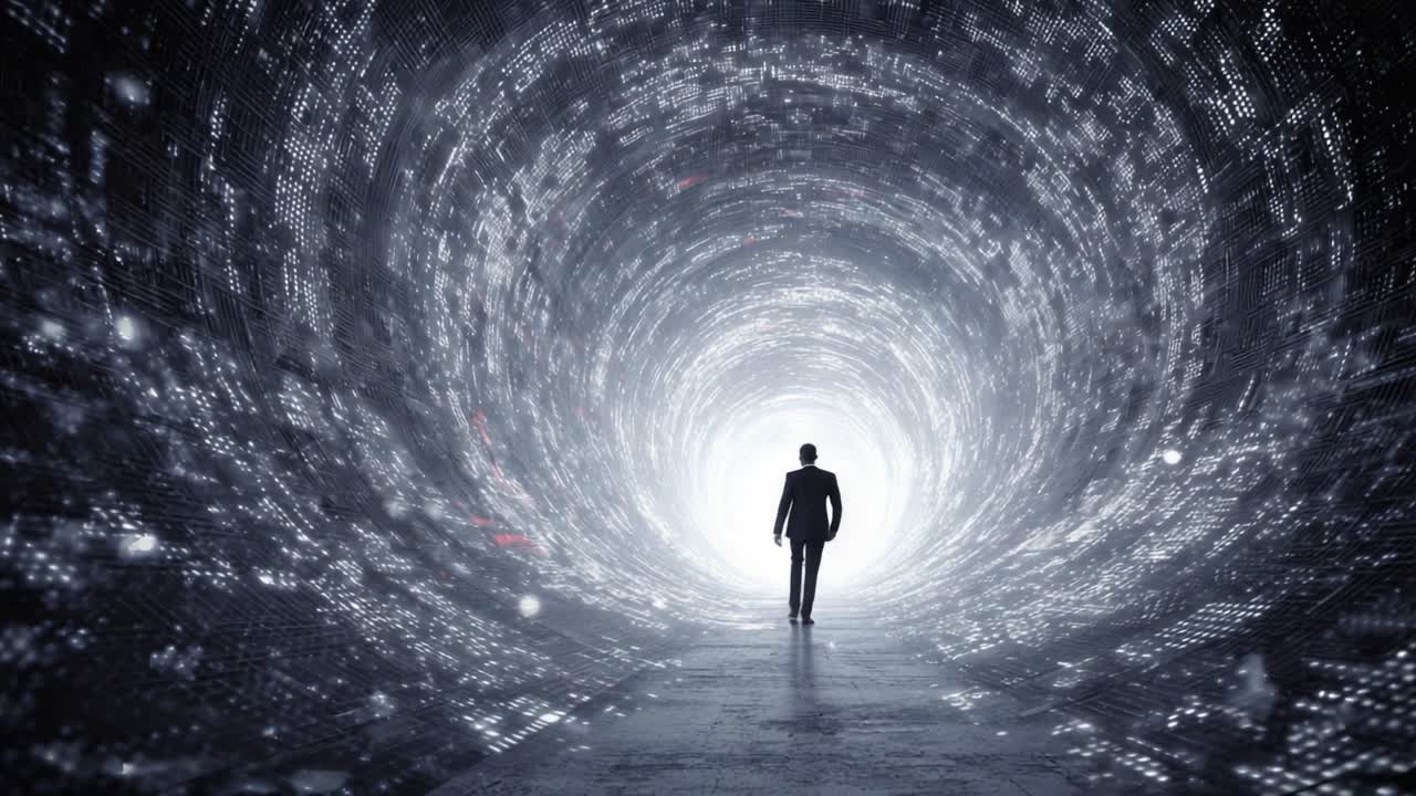 A solitary figure walking through an ethereal tunnel of light, symbolizing exploration, transitions, and the journey into the unknown, embraced by an infinite digital landscape