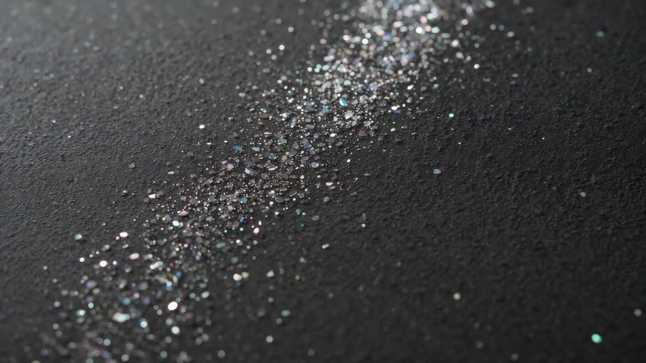 Revealing diagonal glitter trail, camera shifting focus across studio table, exposing bluish flecks
