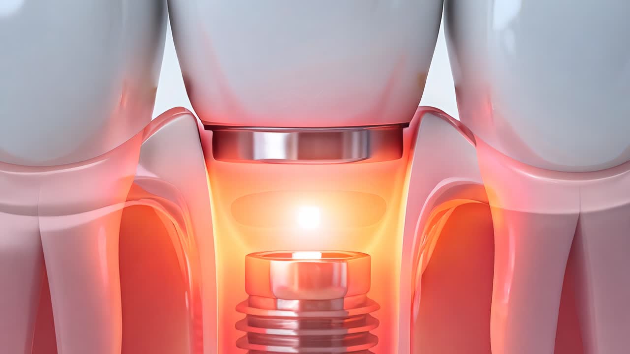 A tooth with a silver screw in it. The tooth is red and the screw is white. The tooth is missing a piece and the screw is being used to replace it