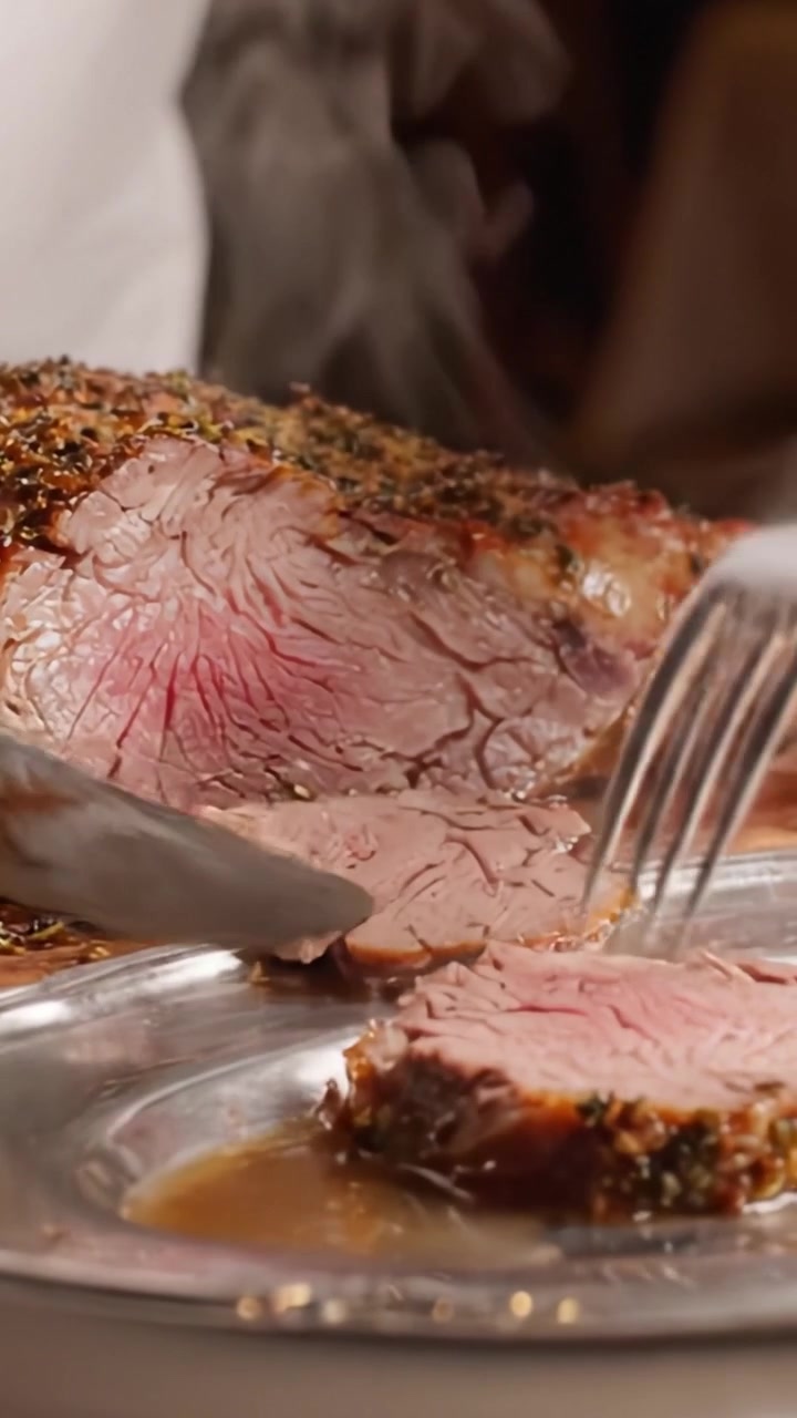 Roast beef cucinato alla perfezione affettato con precisione: una delizia culinaria che mette in risalto carne succosa e tenera a una festa gastronomica.