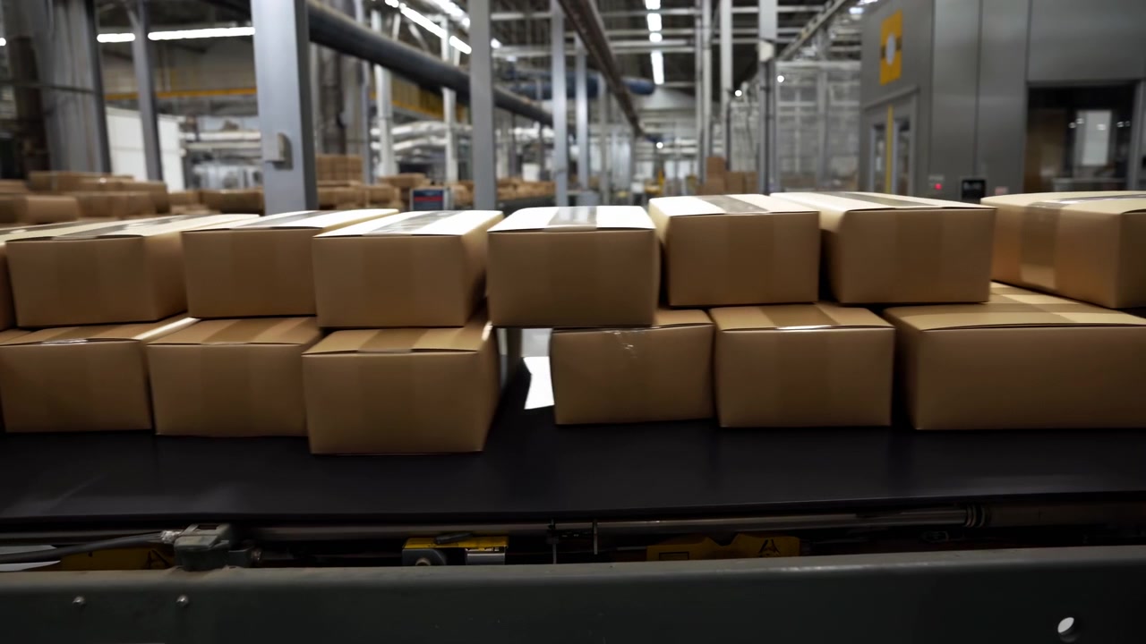Low frontal view of stacked sealed cardboard parcels arranged in two rows on conveyor belt inside large industrial packaging facility with steel machinery, organized storage, and bright fluorescent