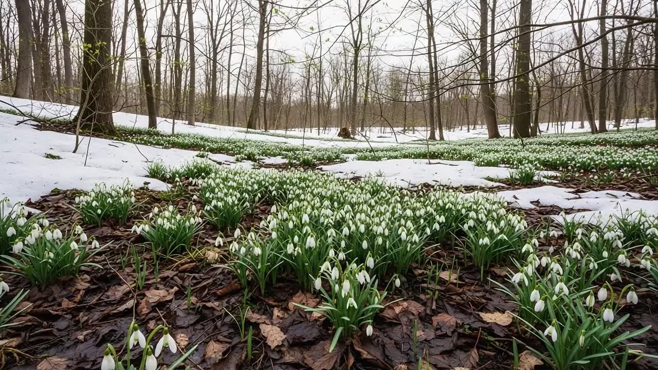 A serene landscape showcasing a carpet of snowdrops blooming amidst a snowy forest, highlighting the beauty of nature's early spring awakening in a tranquil woodland setting