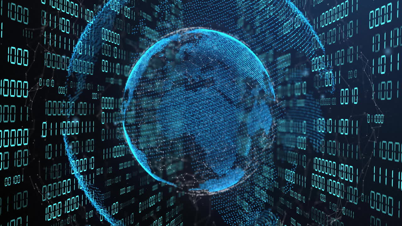 Animation of globe with binary coding and data processing over dark background