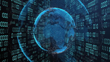 animación del globo con codificación binaria y procesamiento de datos sobre fondo oscuro