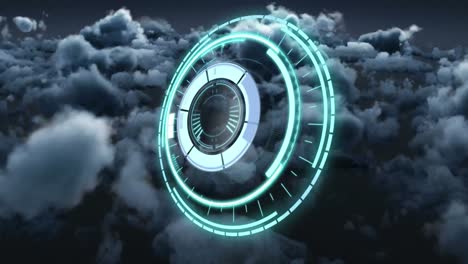 Animation-of-safe-lock-rotating-over-cloudy-sky