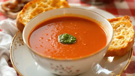 Bowl of rich tomato soup garnished with fresh basil, accompanied by slices of toasted bread, presented on a decorative plate, creating a warm and inviting dining atmosphere