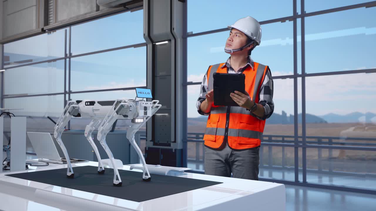 cuerpo lleno de ingeniero masculino asiático con casco de seguridad mirando la tableta en su mano y mirando a su alrededor mientras estaba de pie en una fábrica de alta tecnología, analizando el concepto de máquina robótica