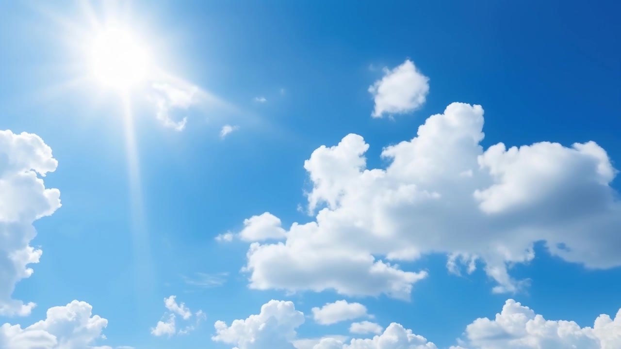 Bright Sun Shining in a Clear Blue Sky with Fluffy White Clouds