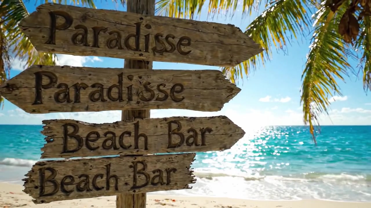 Fesselnde tropische Strandszene mit Wegweisern, die zum Paradies und zur Strandbar führen, umrahmt von üppigen Palmen und funkelnden Meereswellen an einem hellen Sonnentag.