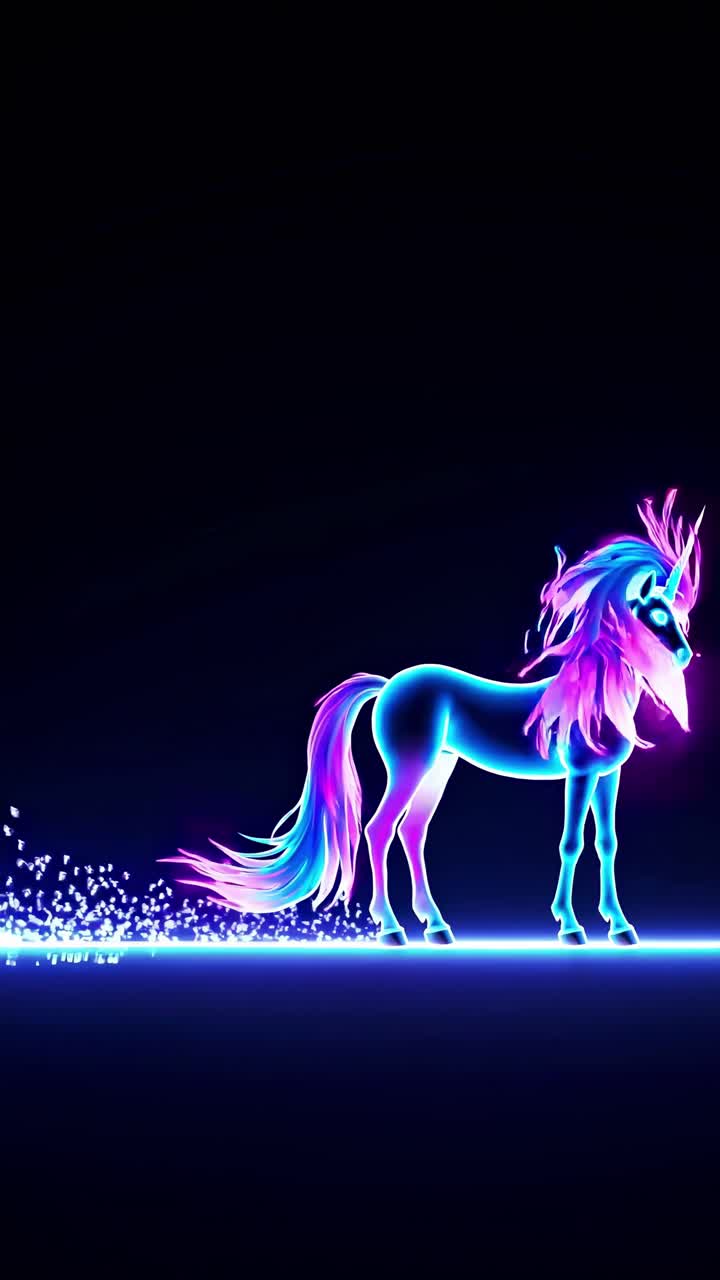 Un unicorno al neon con colori vivaci su sfondo nero, visto da un'angolazione bassa.