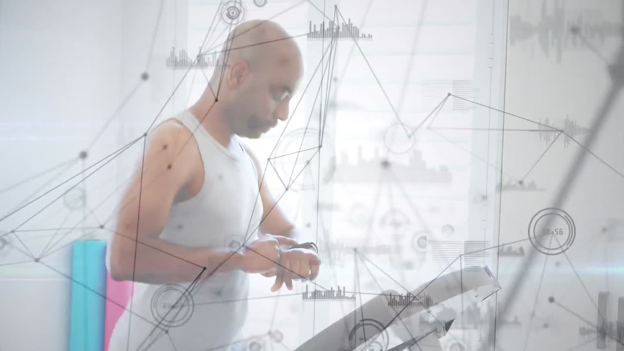 트레드밀에서 달리는 남성 운동선수와 함께 데이터 처리의 애니메이션