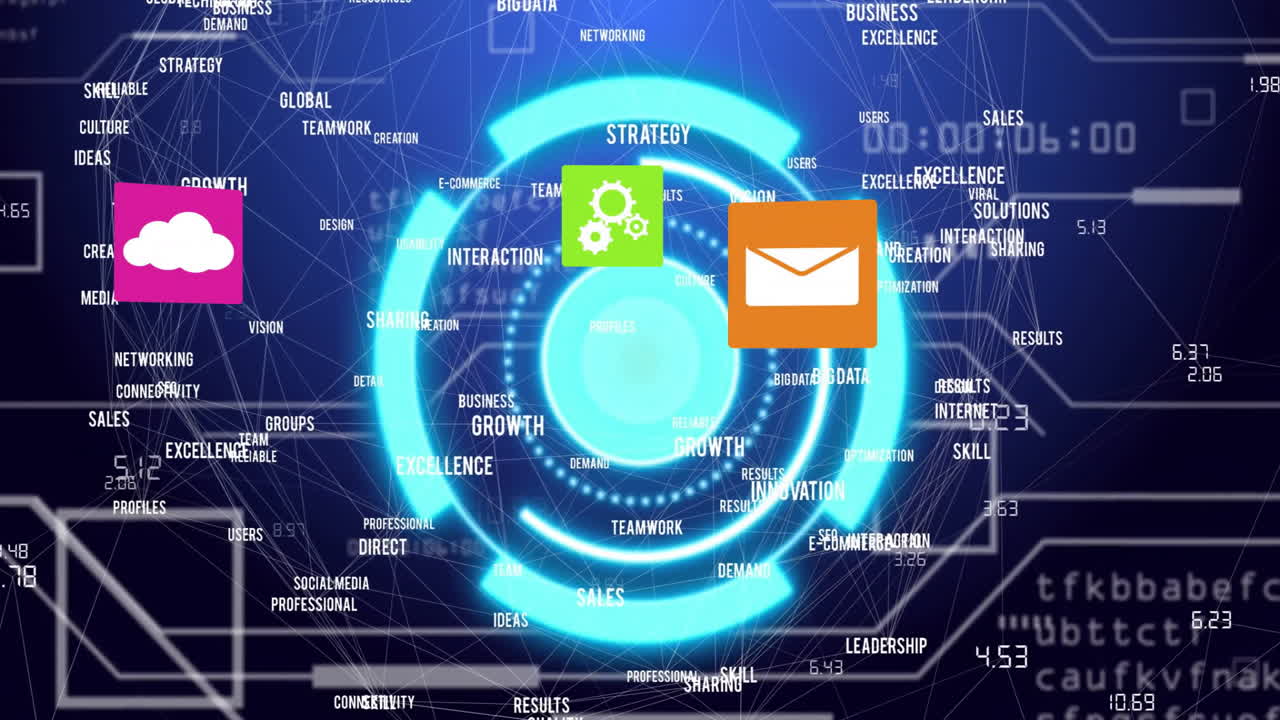 Animation of scope scanning and digital data processing over dark background