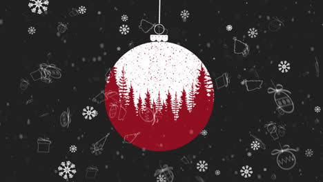 animación de la joya de navidad sobre la nieve que cae sobre un fondo oscuro
