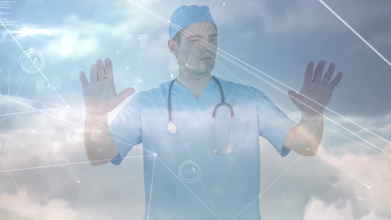 코카시안 남성 의사와 하늘 위의 연결 네트워크와 데이터 처리 애니메이션