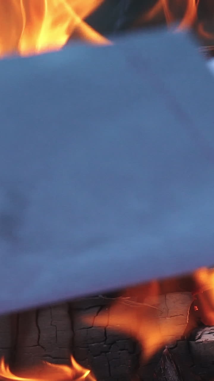Falò di rami che bruciano di notte nella foresta. Carta che brucia in primo piano in una fiamma arancione. Sfondo del fuoco. Video verticale