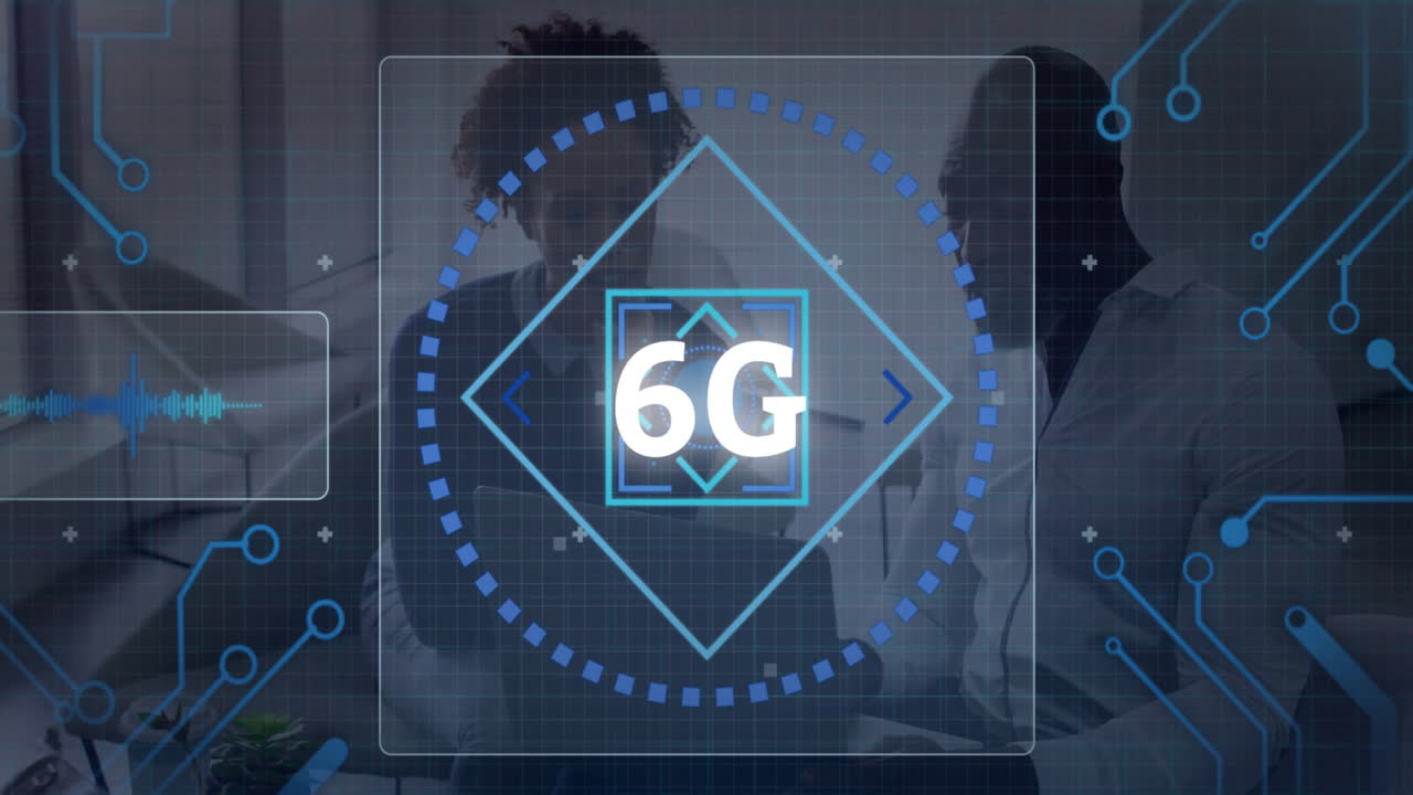 6G technology concept animation over people working in modern office environment