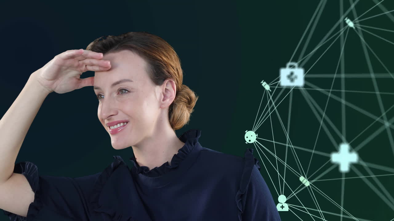 анимация кавказской бизнесменки через сеть соединений с иконами на черном фоне