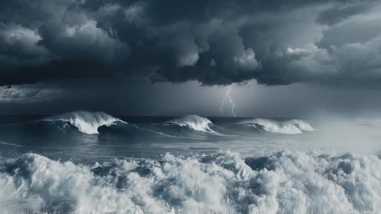 Puissante tempête océanique avec des vagues déferlantes et un éclair