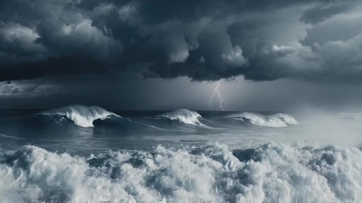 Puissante tempête océanique avec des vagues déferlantes et un éclair