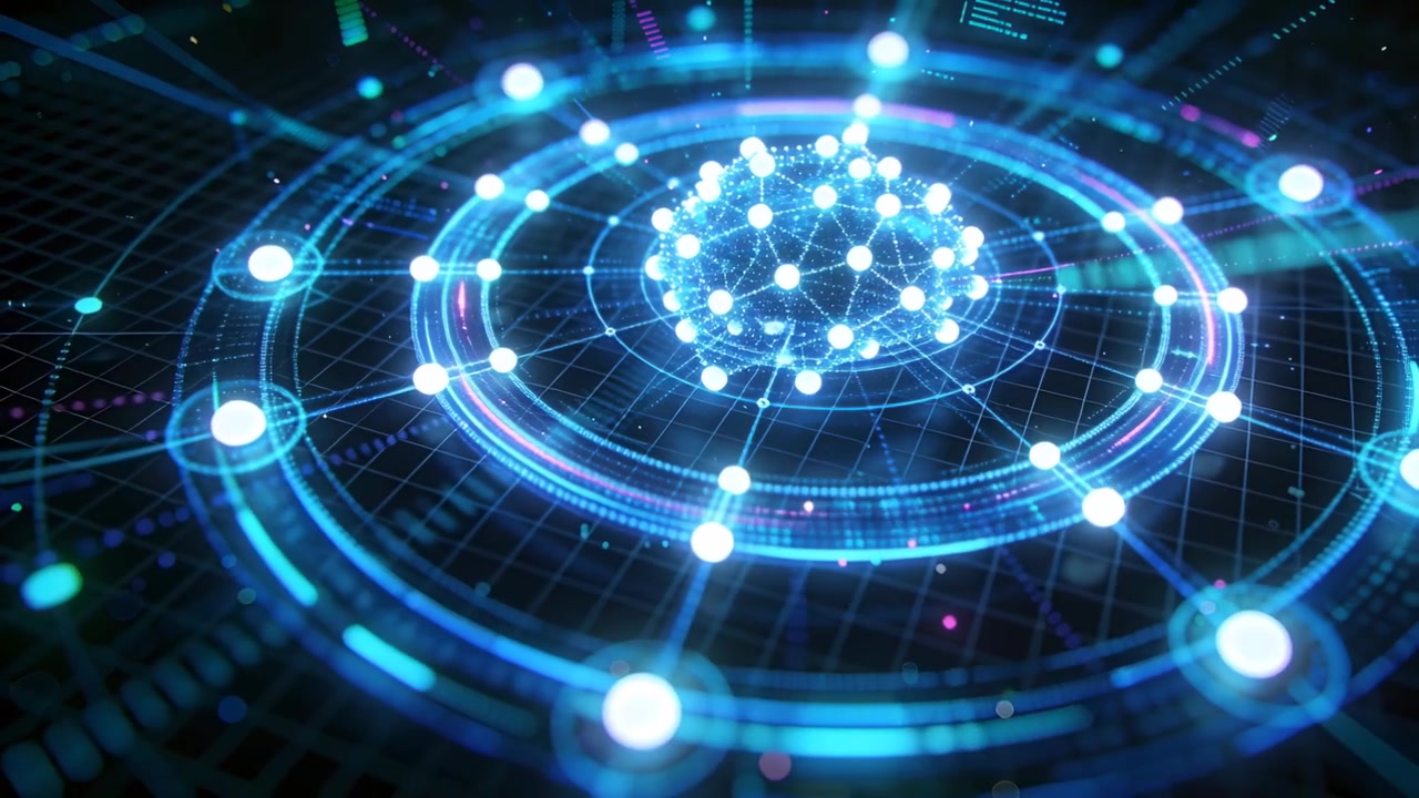 Receiving boot, central network pulsing, blooming with rings rotating on dark grid, activating