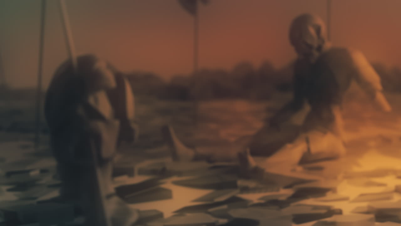 Destroyed andorids on a junkyard in yellow light